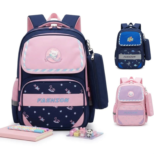 Fashion Kids School Backpack – Imported, with Matching Pencil Case (Available in Pink, Blue & Navy-Pink)