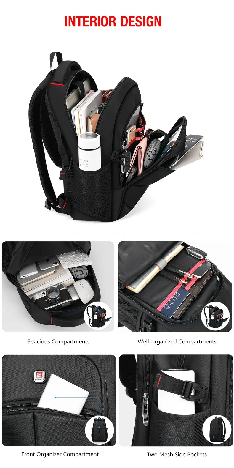 BALANG Expandable Travel Backpack Laptop 17″  Large Size | Waterproof Travel & Business Bag with USB Port, 30LCapacity
