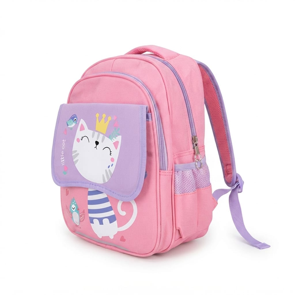 Cute Cat Kids School Bag – Imported, Pink & Lilac – KG, Nursery & Class 1