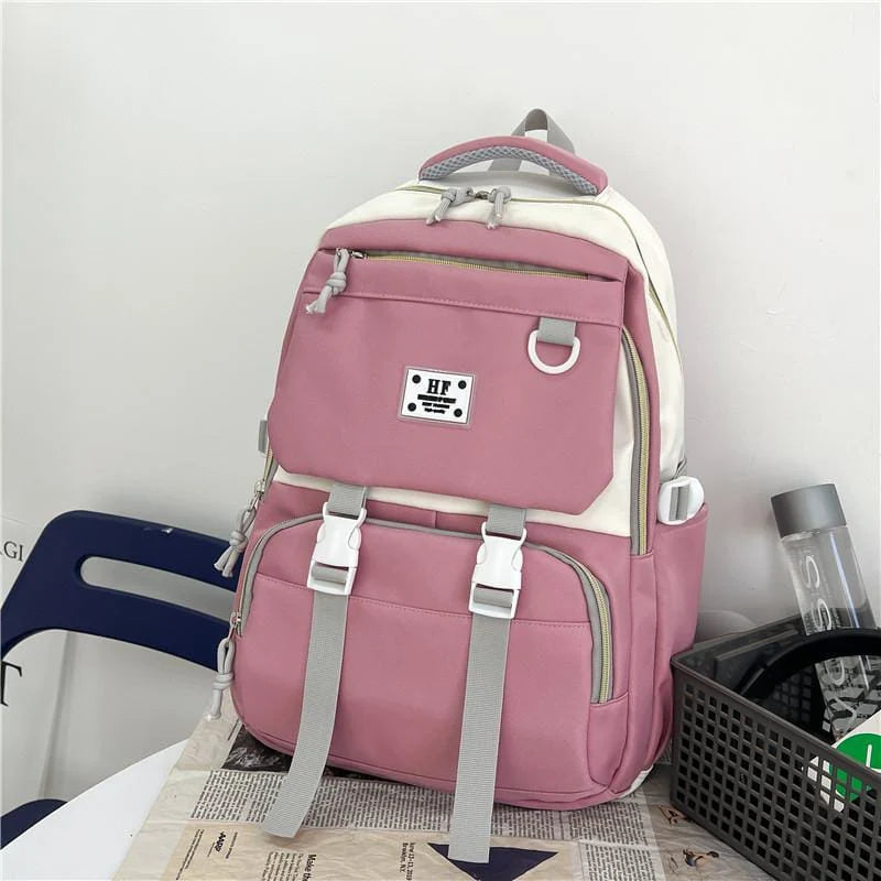 HF Trendy Lightweight Backpack – Stylish School, College & Travel Bag (Pink, Black, Blue)