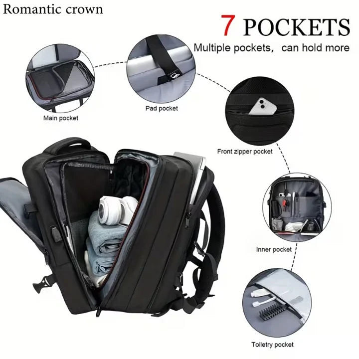 Romantic Crown 17.3" Expandable Laptop Backpack 45L – Waterproof Travel & Business Bag with USB Charging, Anti-Theft & 180° Opening