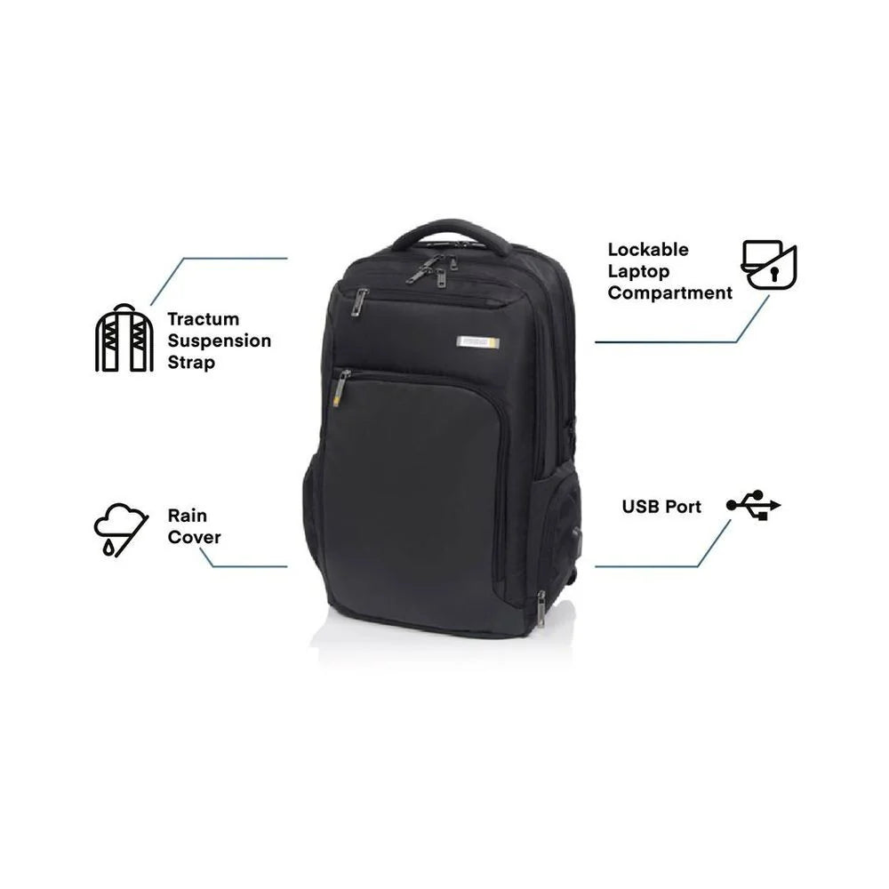 American Tourister Segno III 17″ Laptop Backpack with USB & Rain Cover – Black