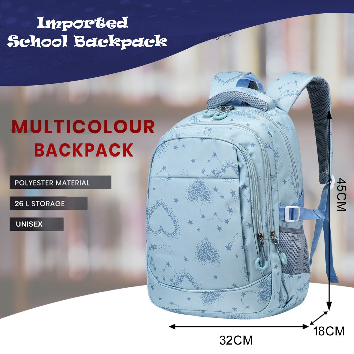 Hearts Design Blue Unisex School Backpack – Stylish, Spacious & Waterproof