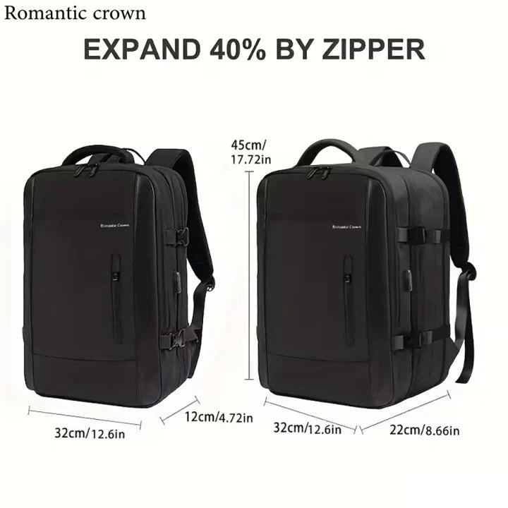 Romantic Crown 17.3" Expandable Laptop Backpack 45L – Waterproof Travel & Business Bag with USB Charging, Anti-Theft & 180° Opening