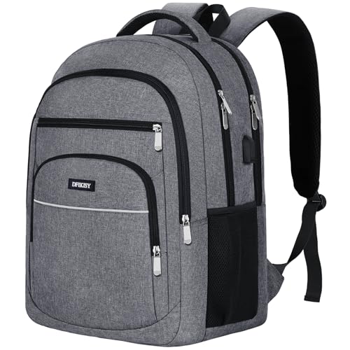 DFIKISY 17.3” Anti-Theft Laptop Backpack | Waterproof Oxford Fabric | USB Charging Port | Large Capacity Business & Travel Bag | Grey