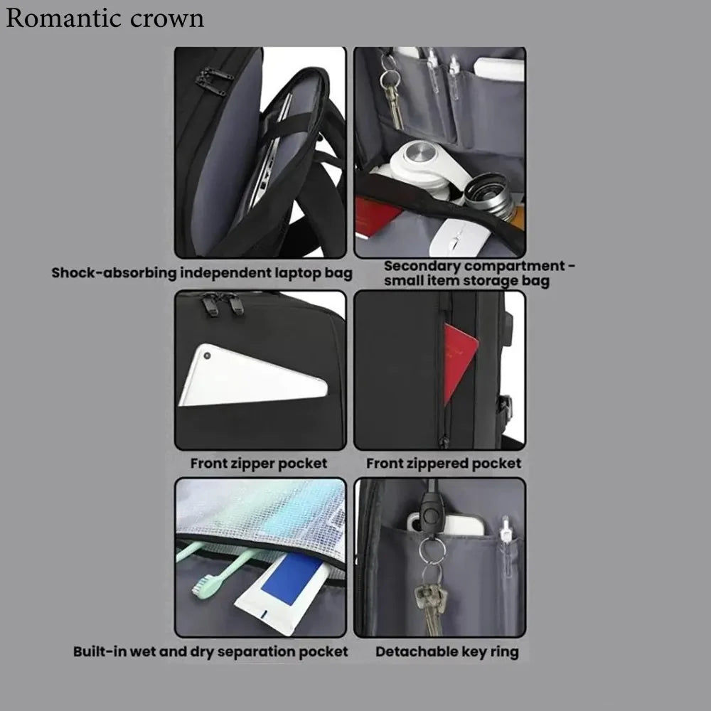 Romantic Crown 17.3" Expandable Laptop Backpack 45L – Waterproof Travel & Business Bag with USB Charging, Anti-Theft & 180° Opening
