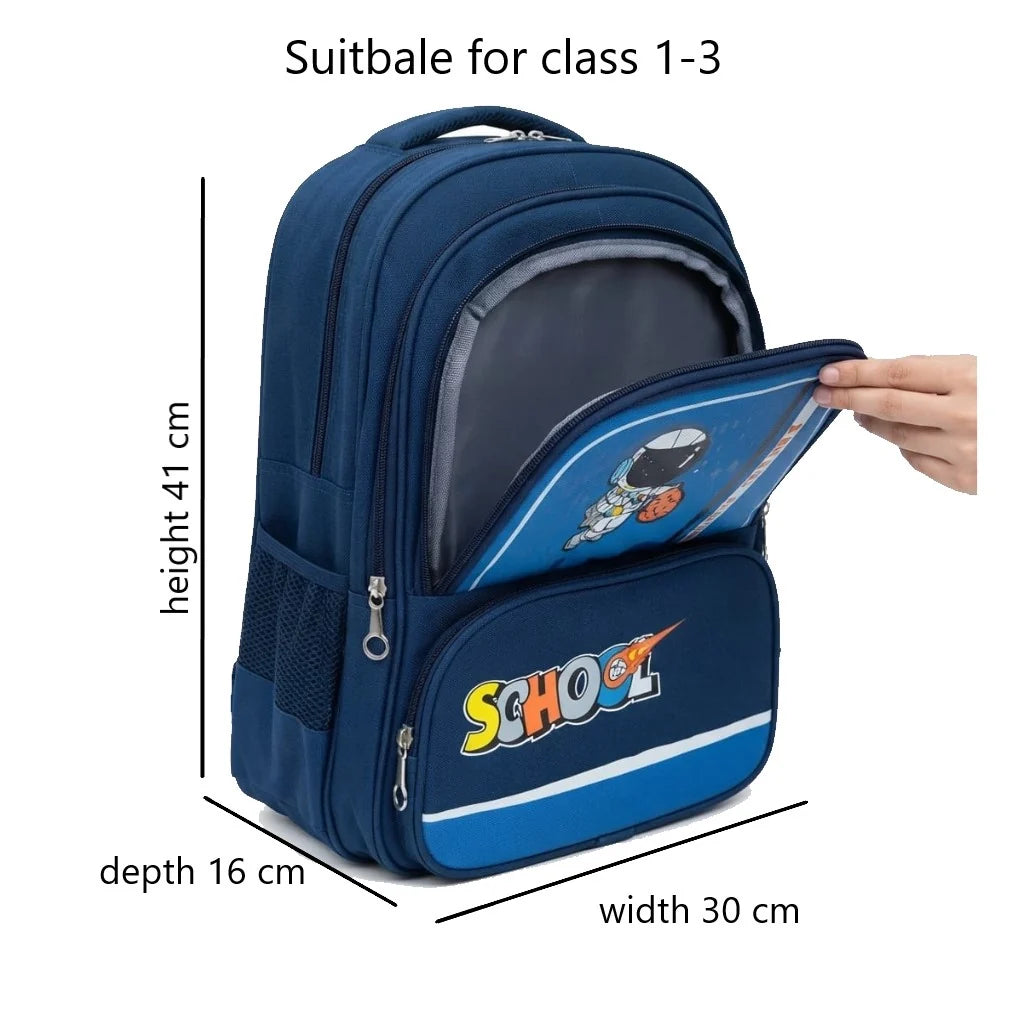 XB Astronaut Cartoon Imported Kids School Bag for Class 1-3 with Side Pocket & Chest Buckle